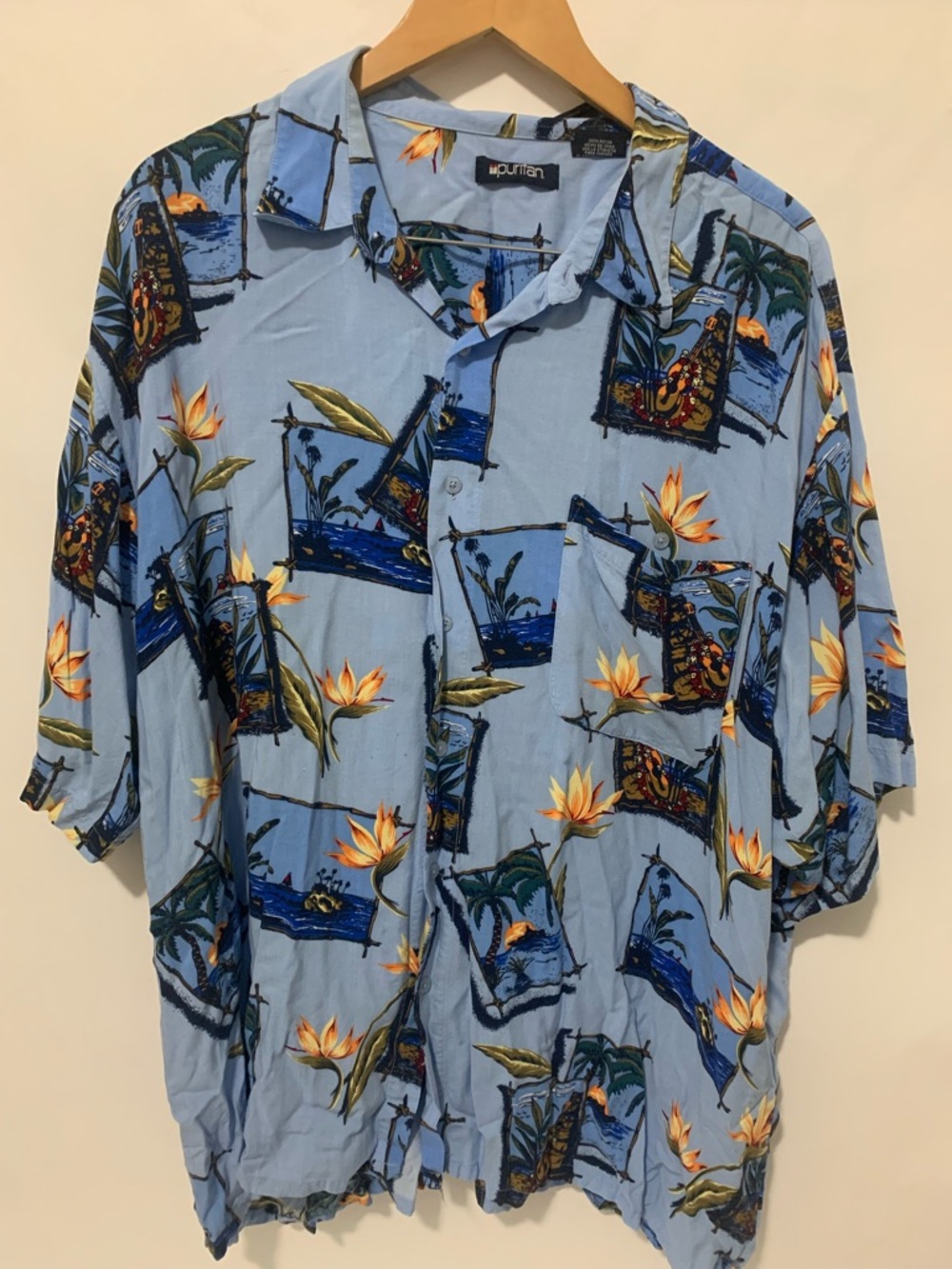 Puritan Light Blue Hawaiian Print Button-Up Shirt